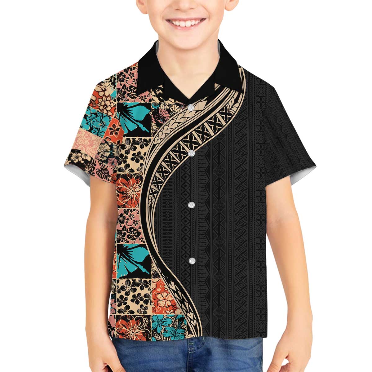 Hawaiian Hibiscus and Tropical Leaves Family Matching Puletasi and Hawaiian Shirt Patchwork Grunge Abstract and Tapa Tribal Pattern Half Style LT03 Son's Shirt Black - Polynesian Pride