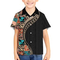 Hawaiian Hibiscus and Tropical Leaves Family Matching Puletasi and Hawaiian Shirt Patchwork Grunge Abstract and Tapa Tribal Pattern Half Style LT03 Son's Shirt Black - Polynesian Pride