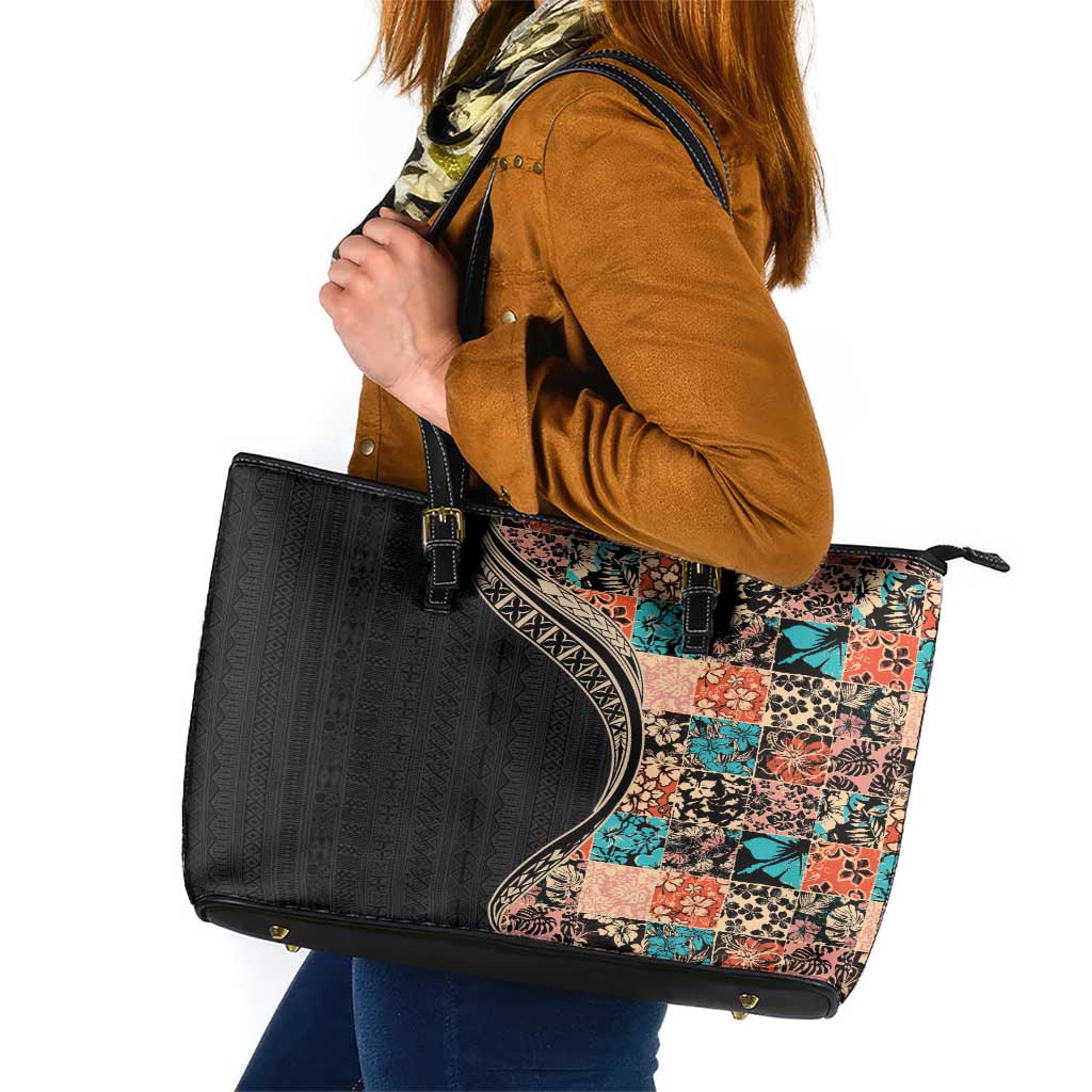 Hawaiian Hibiscus and Tropical Leaves Leather Tote Bag Patchwork Grunge Abstract and Tapa Tribal Pattern Half Style