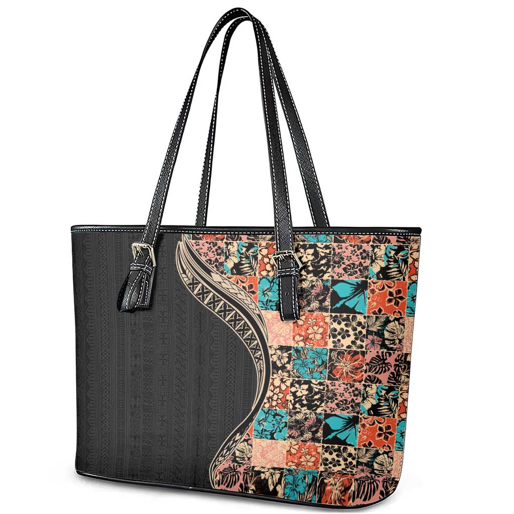 Hawaiian Hibiscus and Tropical Leaves Leather Tote Bag Patchwork Grunge Abstract and Tapa Tribal Pattern Half Style