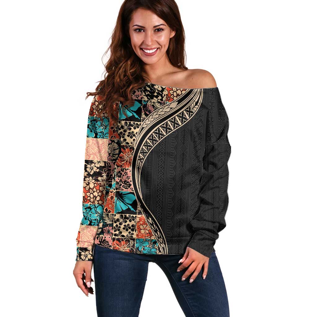 Hawaiian Hibiscus and Tropical Leaves Off Shoulder Sweater Patchwork Grunge Abstract and Tapa Tribal Pattern Half Style