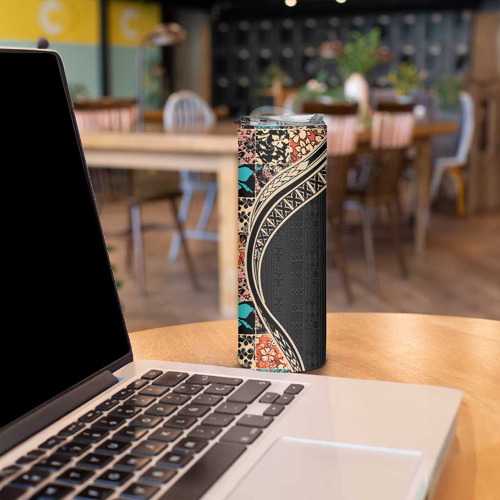 Hawaiian Hibiscus and Tropical Leaves Skinny Tumbler Patchwork Grunge Abstract and Tapa Tribal Pattern Half Style