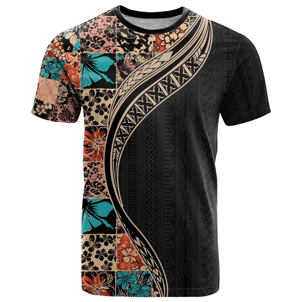 Hawaiian Hibiscus and Tropical Leaves T Shirt Patchwork Grunge Abstract and Tapa Tribal Pattern Half Style