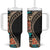 Hawaiian Hibiscus and Tropical Leaves Tumbler With Handle Patchwork Grunge Abstract and Tapa Tribal Pattern Half Style