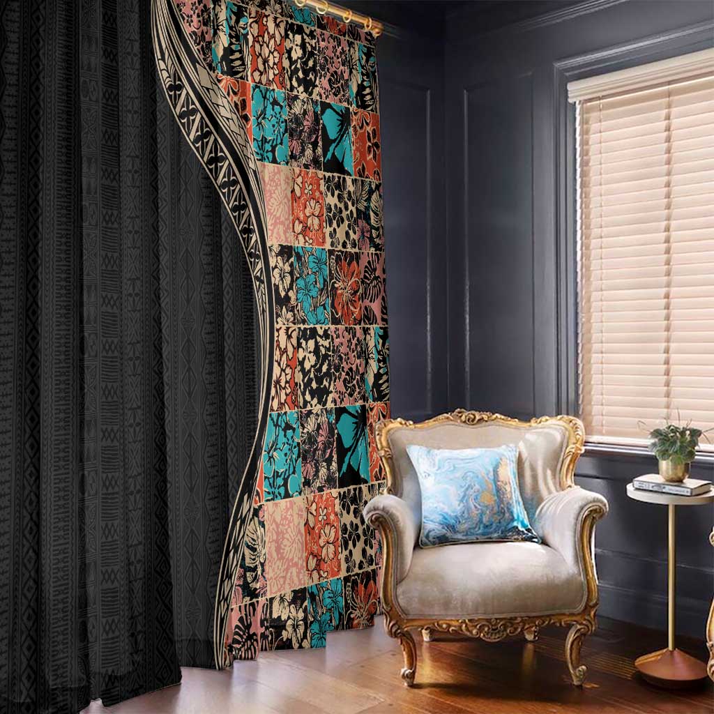 Hawaiian Hibiscus and Tropical Leaves Window Curtain Patchwork Grunge Abstract and Tapa Tribal Pattern Half Style