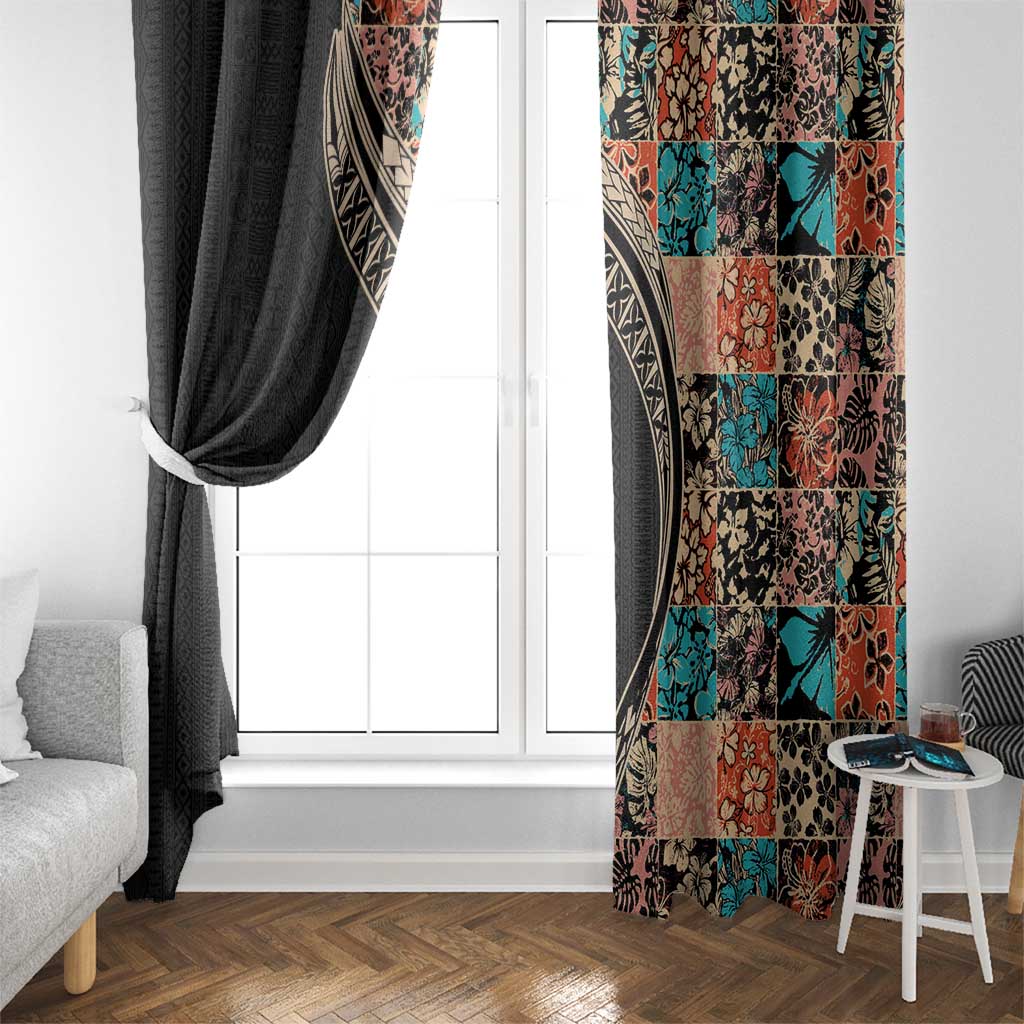 Hawaiian Hibiscus and Tropical Leaves Window Curtain Patchwork Grunge Abstract and Tapa Tribal Pattern Half Style