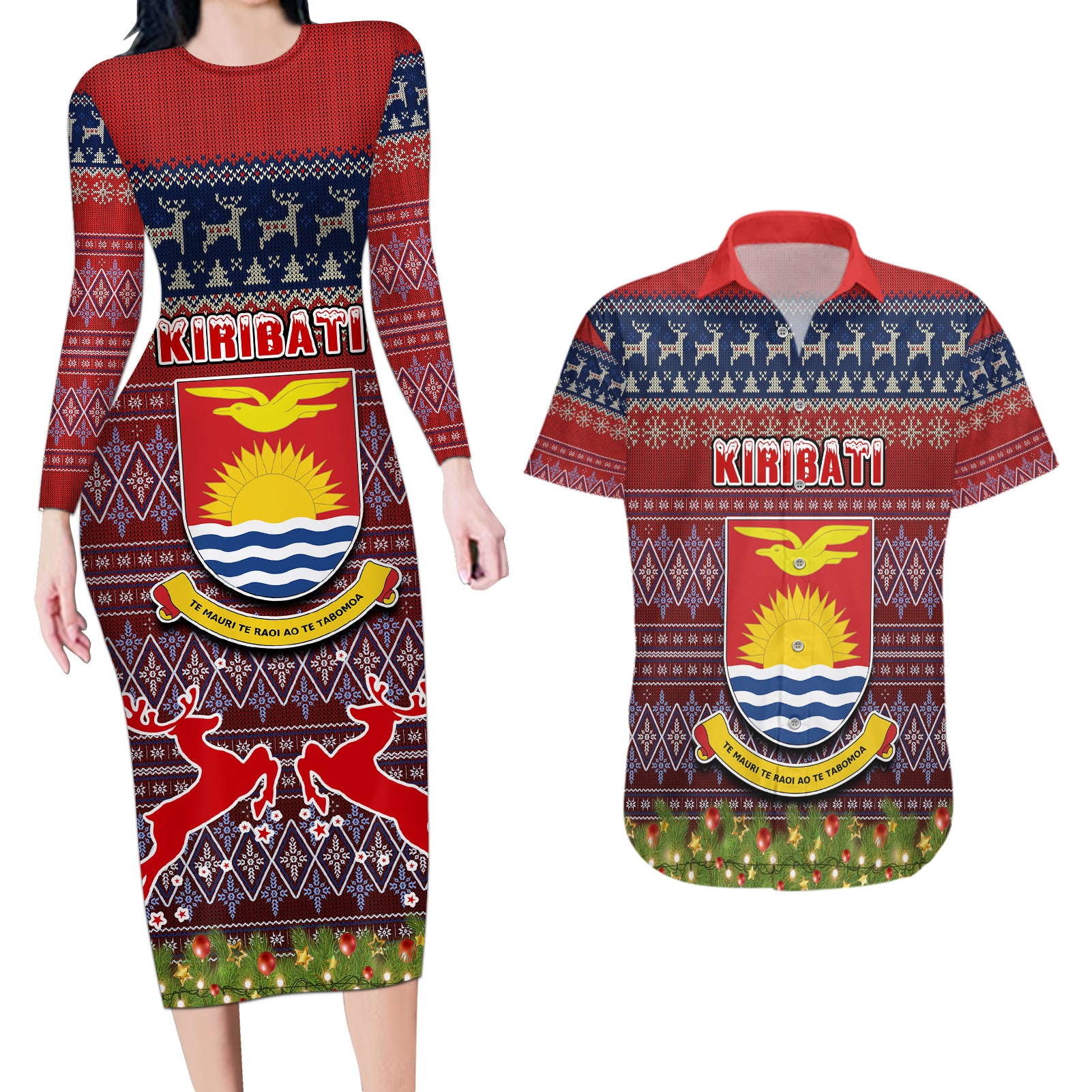 kiribati-christmas-couples-matching-long-sleeve-bodycon-dress-and-hawaiian-shirt-coat-of-arms-and-map-beautiful-merry-xmas-snowflake