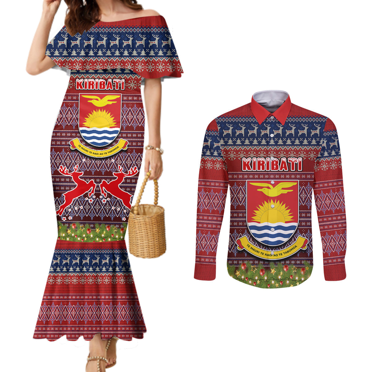 kiribati-christmas-couples-matching-mermaid-dress-and-long-sleeve-button-shirts-coat-of-arms-and-map-beautiful-merry-xmas-snowflake