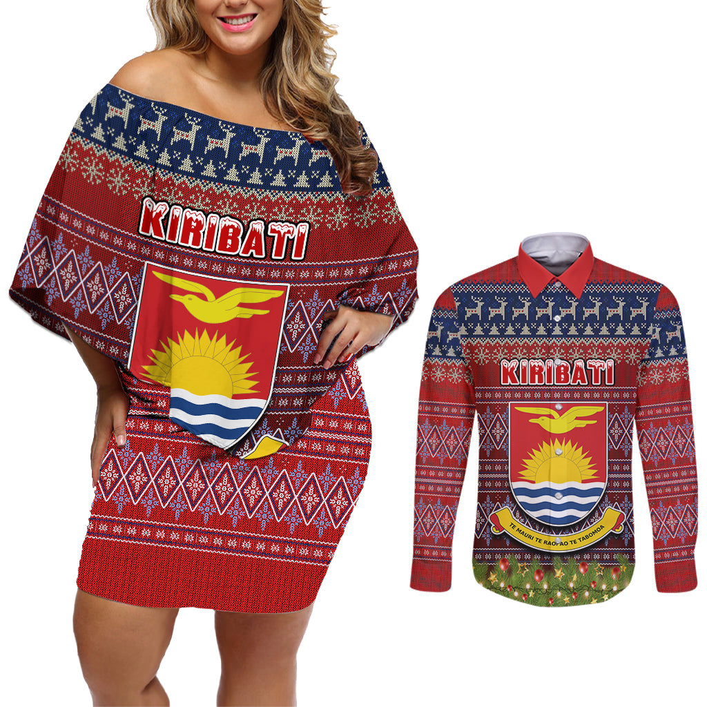 kiribati-christmas-couples-matching-off-shoulder-short-dress-and-long-sleeve-button-shirts-coat-of-arms-and-map-beautiful-merry-xmas-snowflake