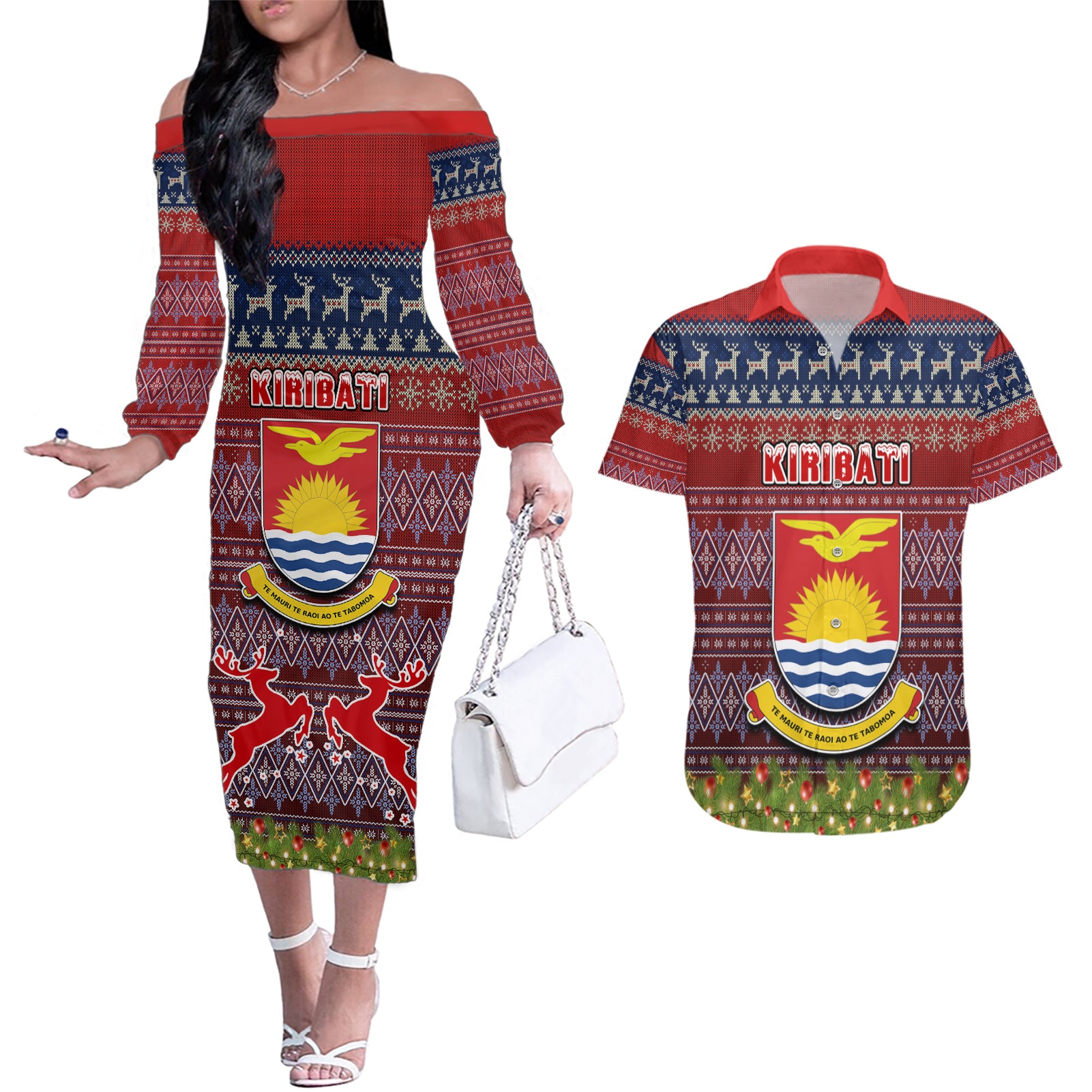 kiribati-christmas-couples-matching-off-the-shoulder-long-sleeve-dress-and-hawaiian-shirt-coat-of-arms-and-map-beautiful-merry-xmas-snowflake