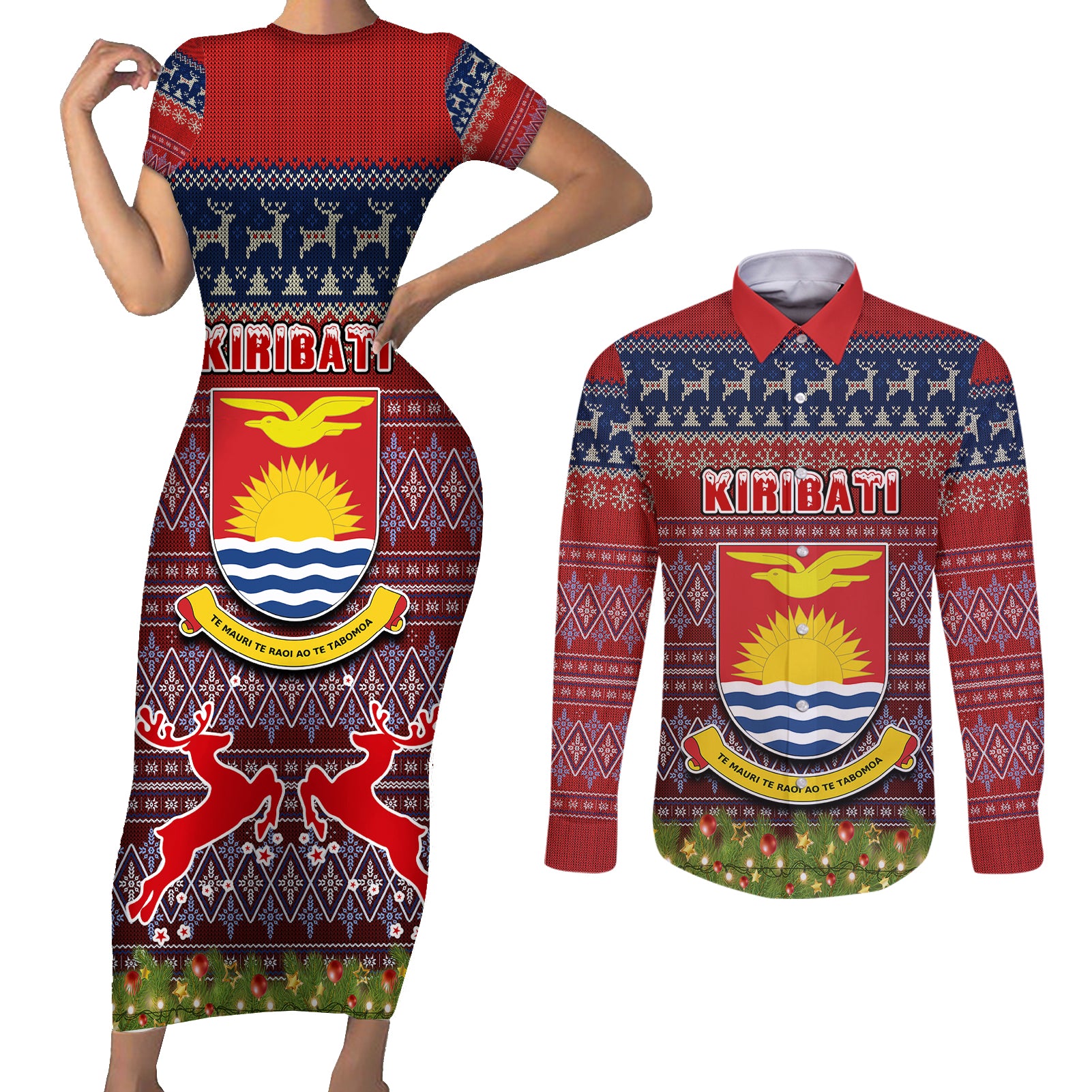 kiribati-christmas-couples-matching-short-sleeve-bodycon-dress-and-long-sleeve-button-shirts-coat-of-arms-and-map-beautiful-merry-xmas-snowflake