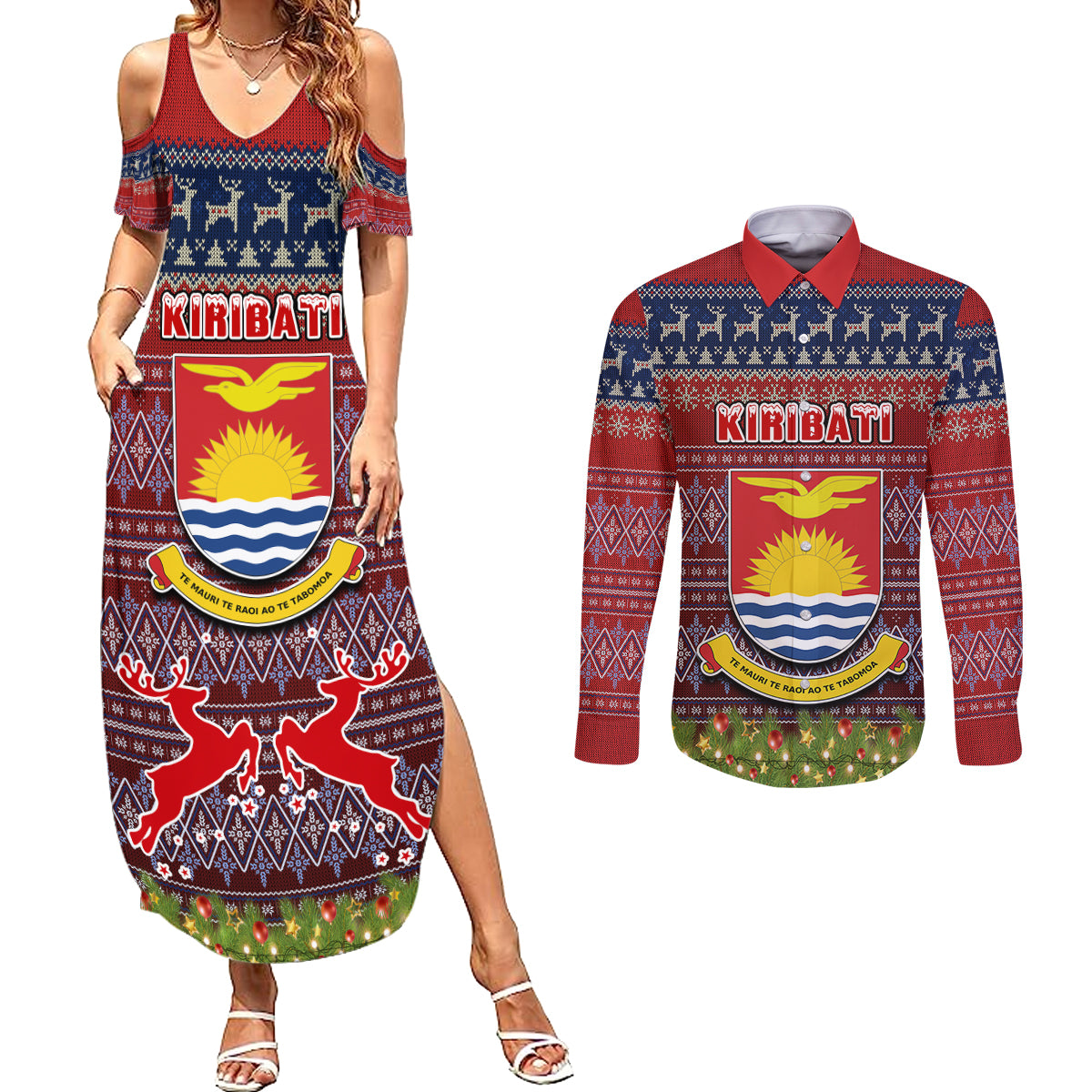 kiribati-christmas-couples-matching-summer-maxi-dress-and-long-sleeve-button-shirts-coat-of-arms-and-map-beautiful-merry-xmas-snowflake