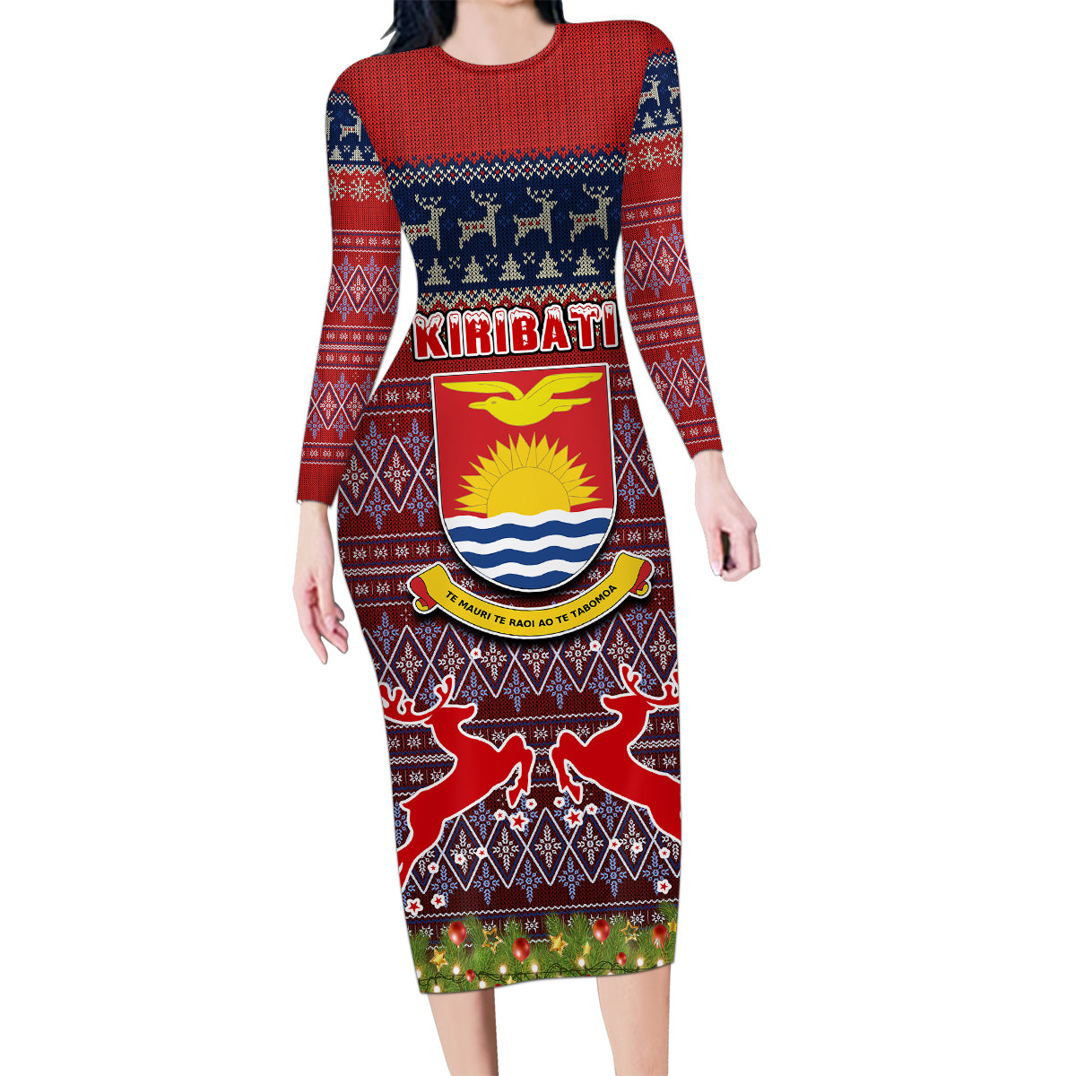 kiribati-christmas-family-matching-long-sleeve-bodycon-dress-and-hawaiian-shirt-coat-of-arms-and-map-beautiful-merry-xmas-snowflake