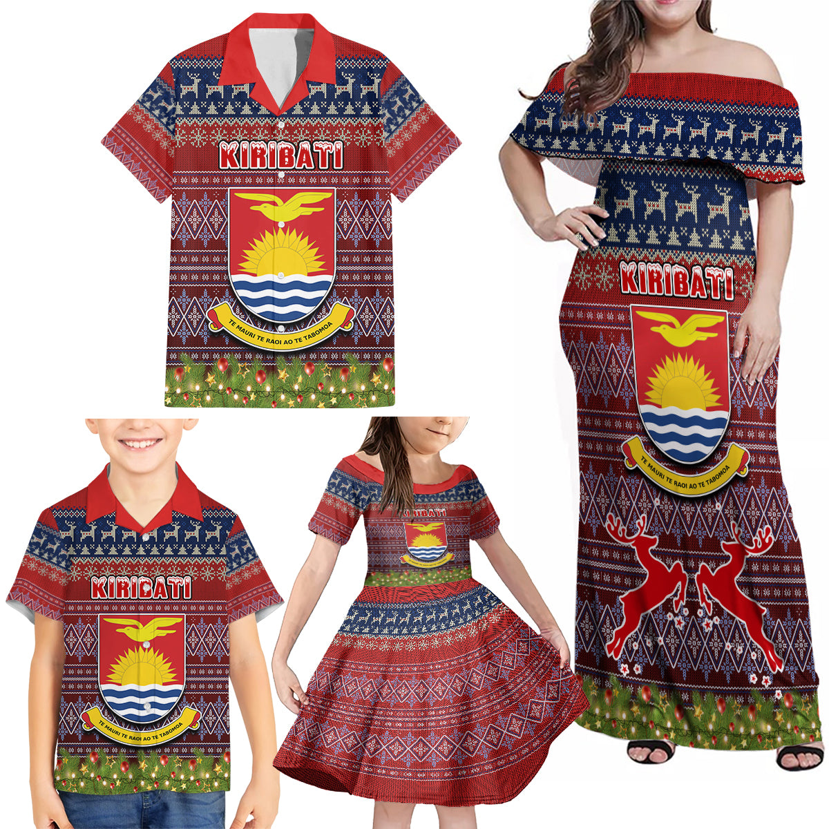 kiribati-christmas-family-matching-off-shoulder-maxi-dress-and-hawaiian-shirt-coat-of-arms-and-map-beautiful-merry-xmas-snowflake