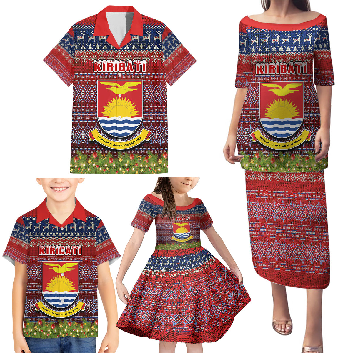 Kiribati Christmas Family Matching Puletasi Dress and Hawaiian Shirt Coat of Arms and Map Beautiful Merry Xmas Snowflake LT03 - Polynesian Pride