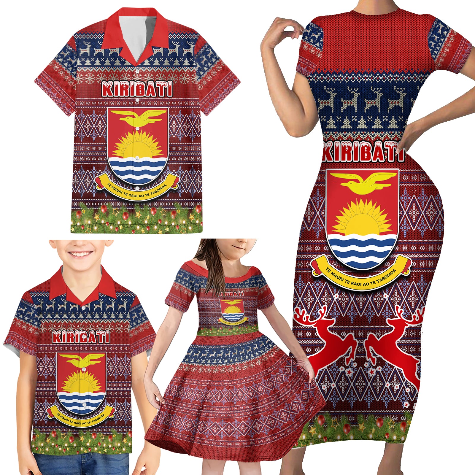 kiribati-christmas-family-matching-short-sleeve-bodycon-dress-and-hawaiian-shirt-coat-of-arms-and-map-beautiful-merry-xmas-snowflake