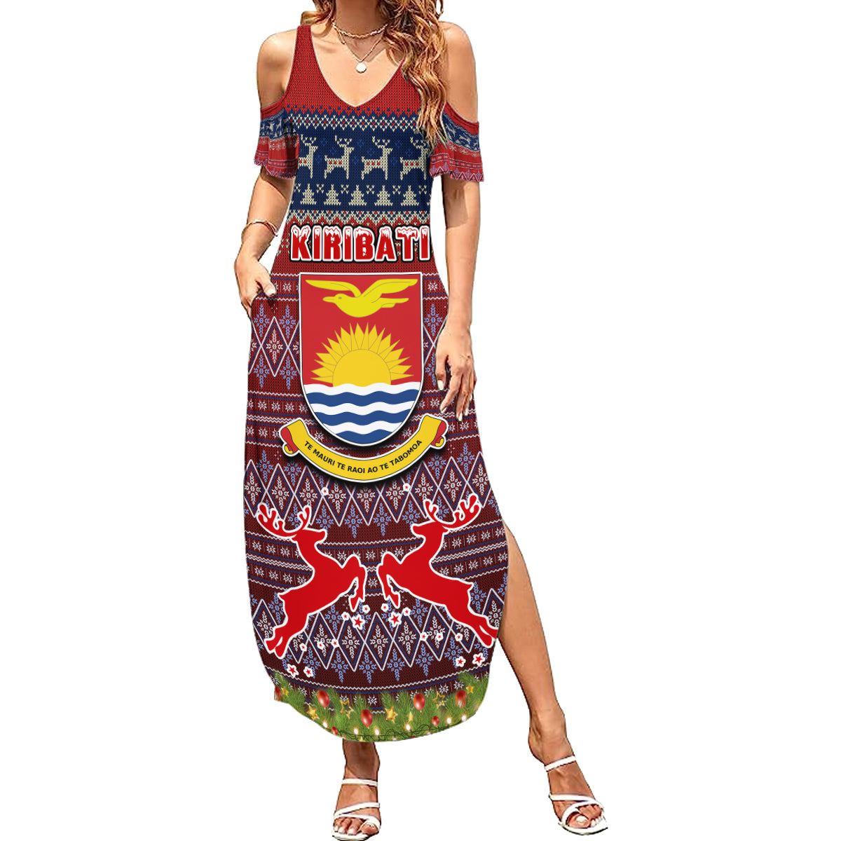 kiribati-christmas-summer-maxi-dress-coat-of-arms-and-map-beautiful-merry-xmas-snowflake