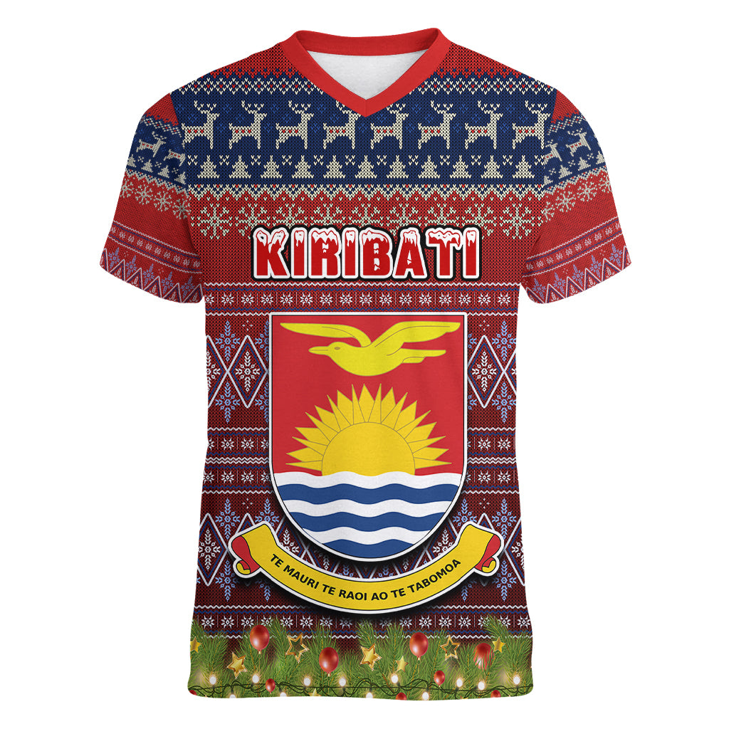 kiribati-christmas-women-v-neck-t-shirt-coat-of-arms-and-map-beautiful-merry-xmas-snowflake