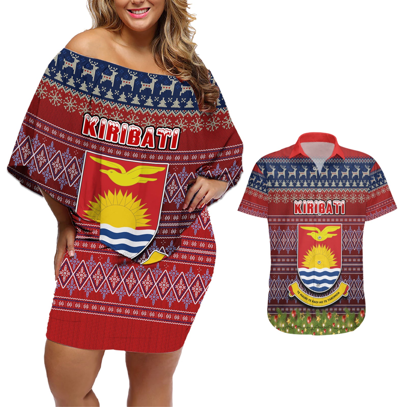 personalised-kiribati-christmas-couples-matching-off-shoulder-short-dress-and-hawaiian-shirt-coat-of-arms-and-map-beautiful-merry-xmas-snowflake