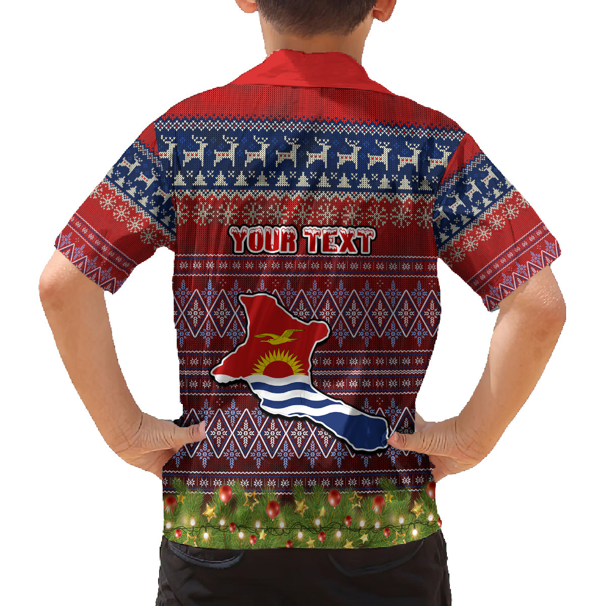 personalised-kiribati-christmas-kid-hawaiian-shirt-coat-of-arms-and-map-beautiful-merry-xmas-snowflake