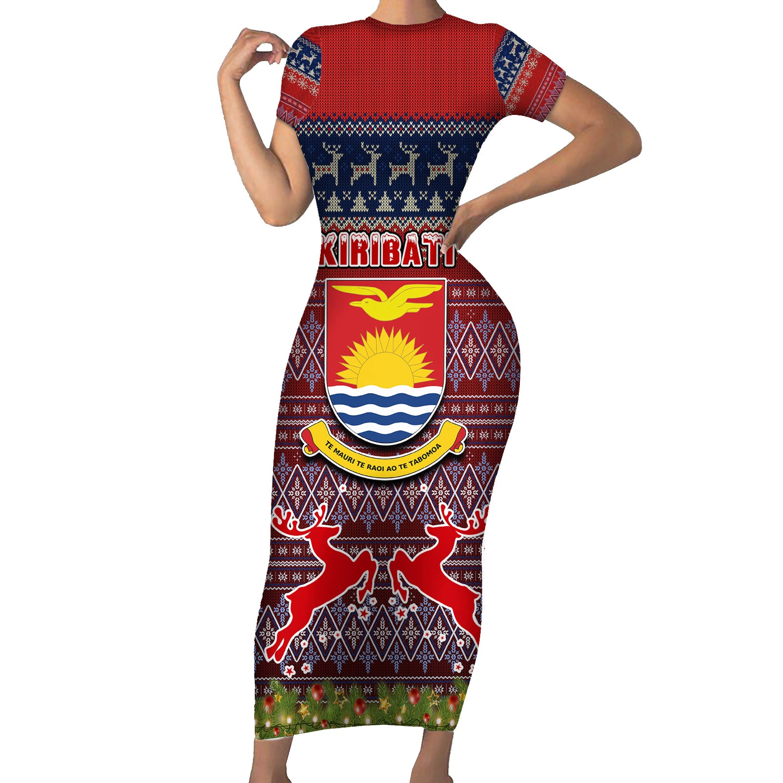 personalised-kiribati-christmas-short-sleeve-bodycon-dress-coat-of-arms-and-map-beautiful-merry-xmas-snowflake