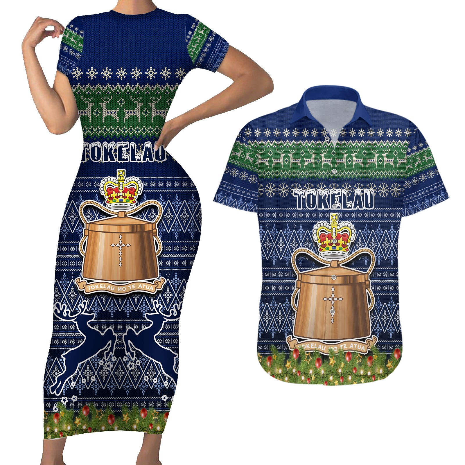 tokelau-christmas-couples-matching-short-sleeve-bodycon-dress-and-hawaiian-shirt-coat-of-arms-and-map-beautiful-merry-xmas-snowflake