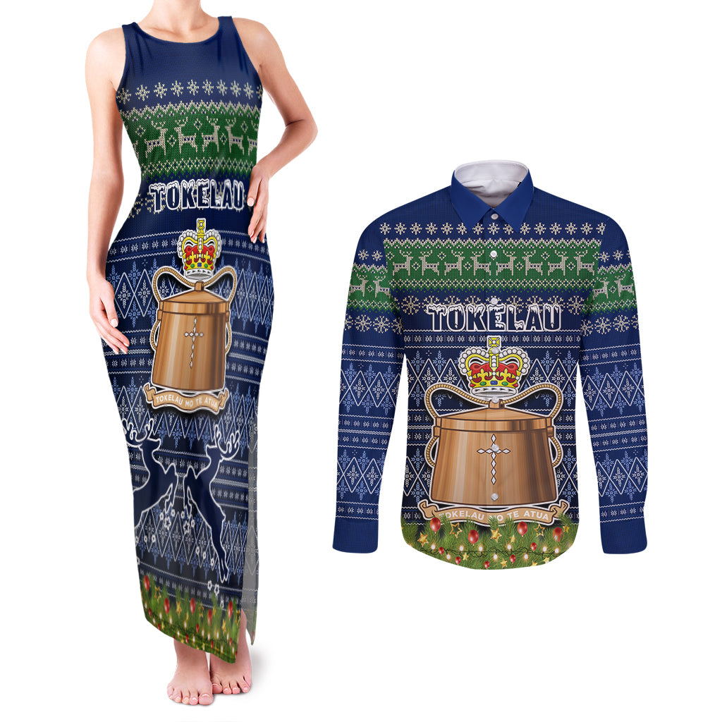 tokelau-christmas-couples-matching-tank-maxi-dress-and-long-sleeve-button-shirts-coat-of-arms-and-map-beautiful-merry-xmas-snowflake