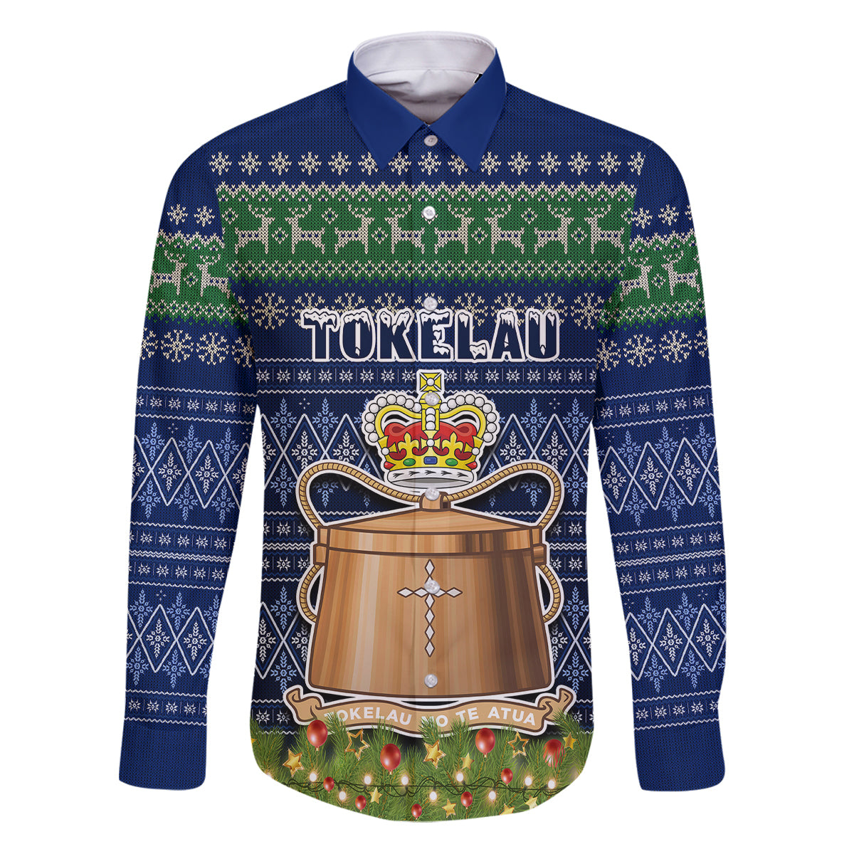 Personalised Tokelau Christmas Family Matching Puletasi Dress and Hawaiian Shirt Coat of Arms and Map Beautiful Merry Xmas Snowflake LT03 Dad's Shirt - Long Sleeve Blue - Polynesian Pride