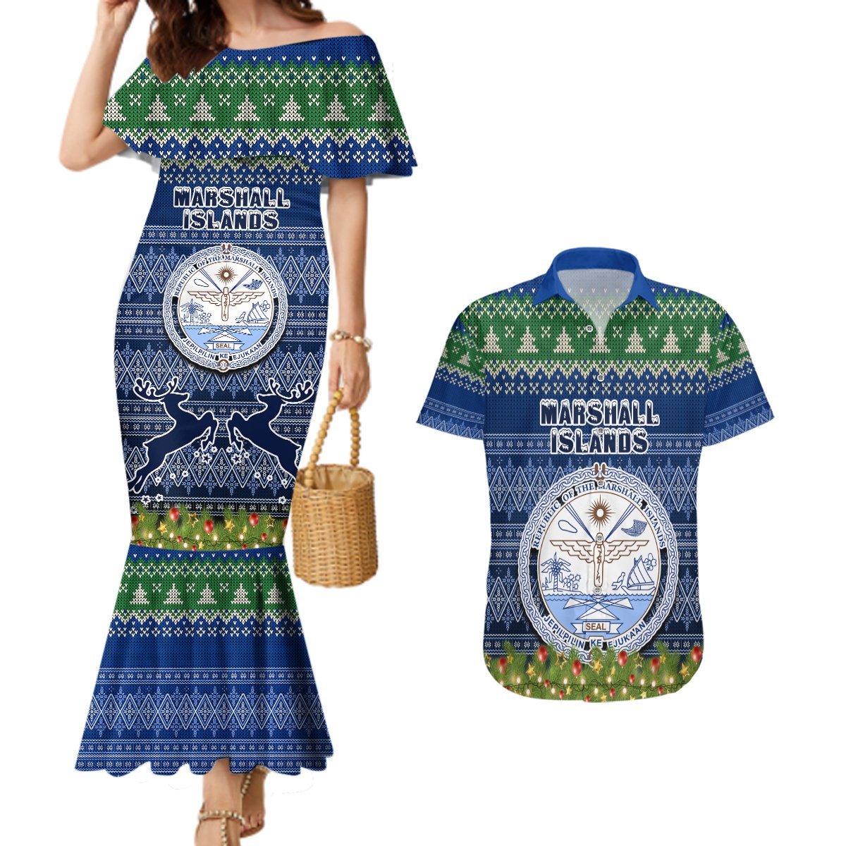 Personalised Marshall Islands Christmas Couples Matching Mermaid Dress and Hawaiian Shirt Coat of Arms and Map Beautiful Merry Xmas Snowflake LT03 Blue - Polynesian Pride