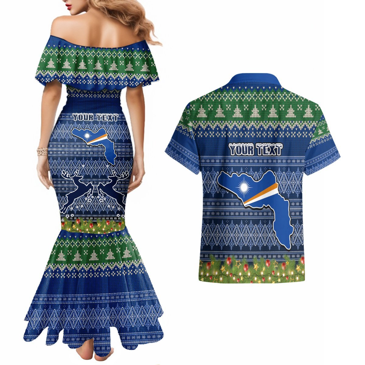 Personalised Marshall Islands Christmas Couples Matching Mermaid Dress and Hawaiian Shirt Coat of Arms and Map Beautiful Merry Xmas Snowflake LT03 - Polynesian Pride