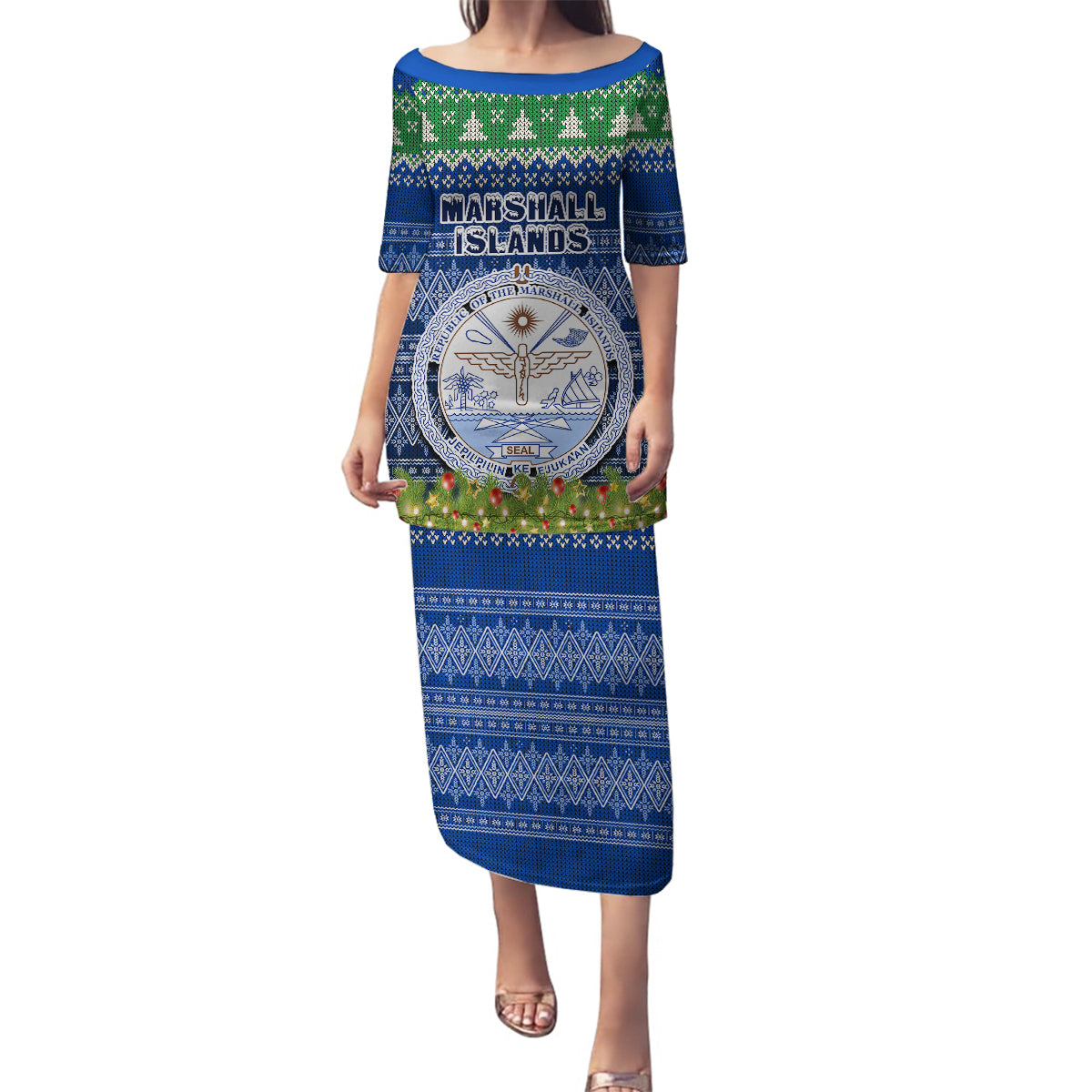 Personalised Marshall Islands Christmas Family Matching Puletasi Dress and Hawaiian Shirt Coat of Arms and Map Beautiful Merry Xmas Snowflake LT03 Mom's Dress Blue - Polynesian Pride