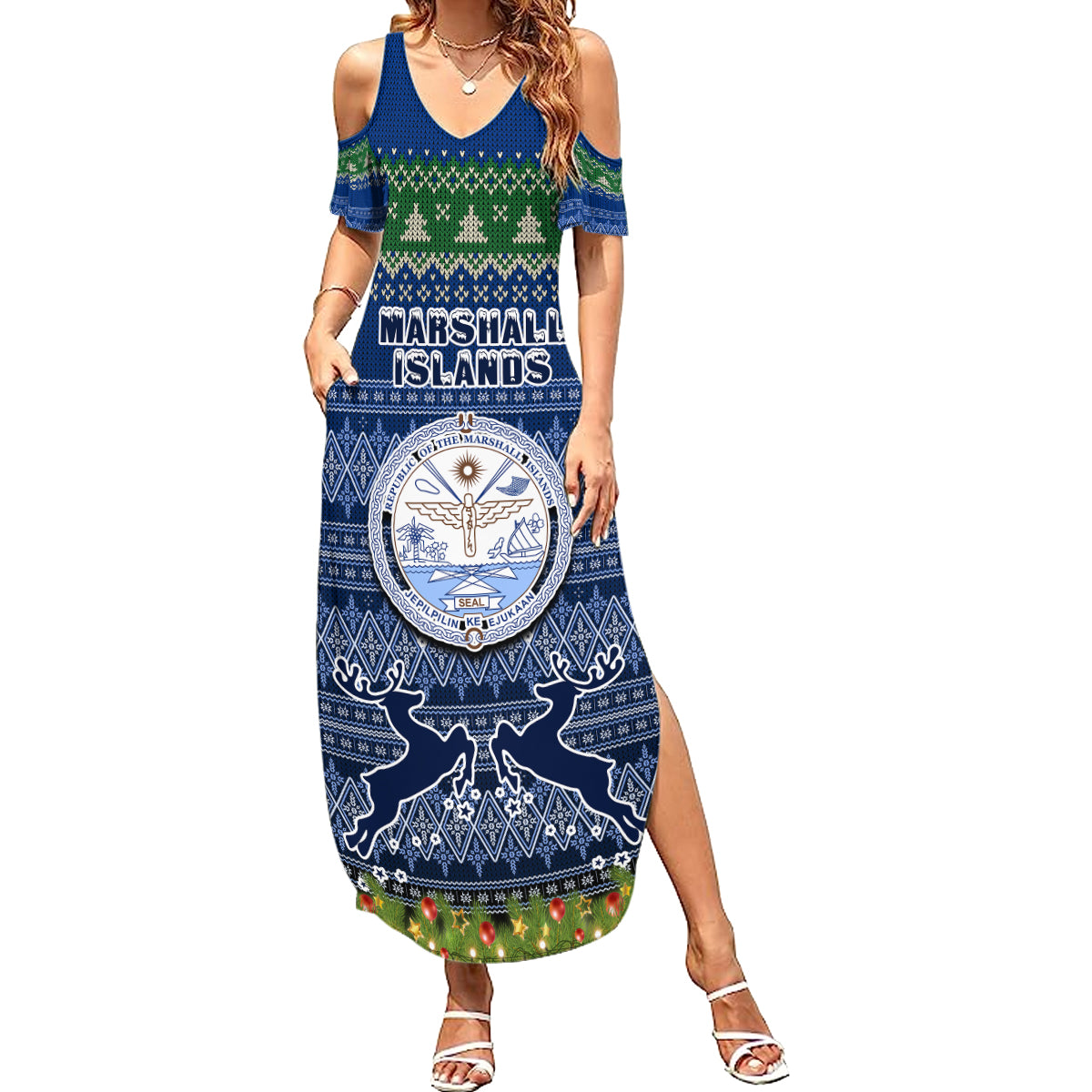 personalised-marshall-islands-christmas-family-matching-summer-maxi-dress-and-hawaiian-shirt-coat-of-arms-and-map-beautiful-merry-xmas-snowflake