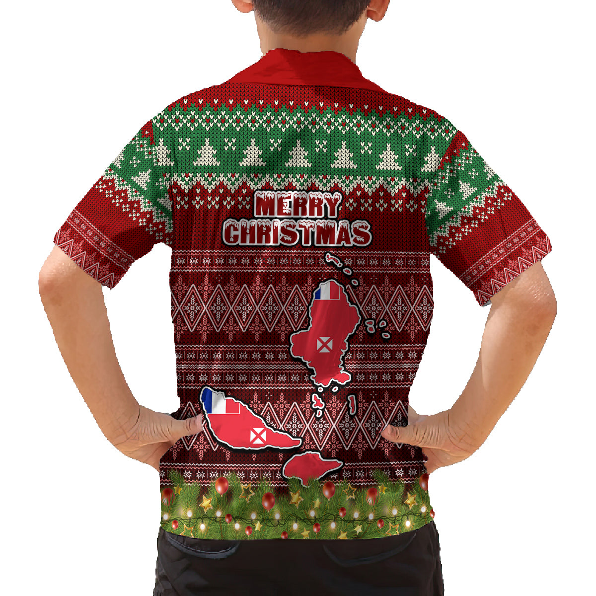 wallis-and-futuna-christmas-family-matching-puletasi-dress-and-hawaiian-shirt-coat-of-arms-and-map-beautiful-merry-xmas-snowflake