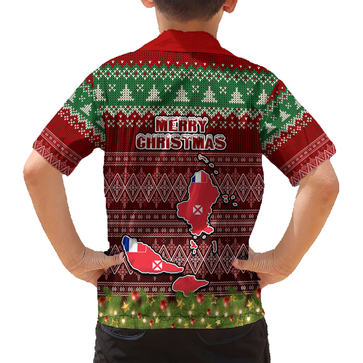 wallis-and-futuna-christmas-family-matching-short-sleeve-bodycon-dress-and-hawaiian-shirt-coat-of-arms-and-map-beautiful-merry-xmas-snowflake