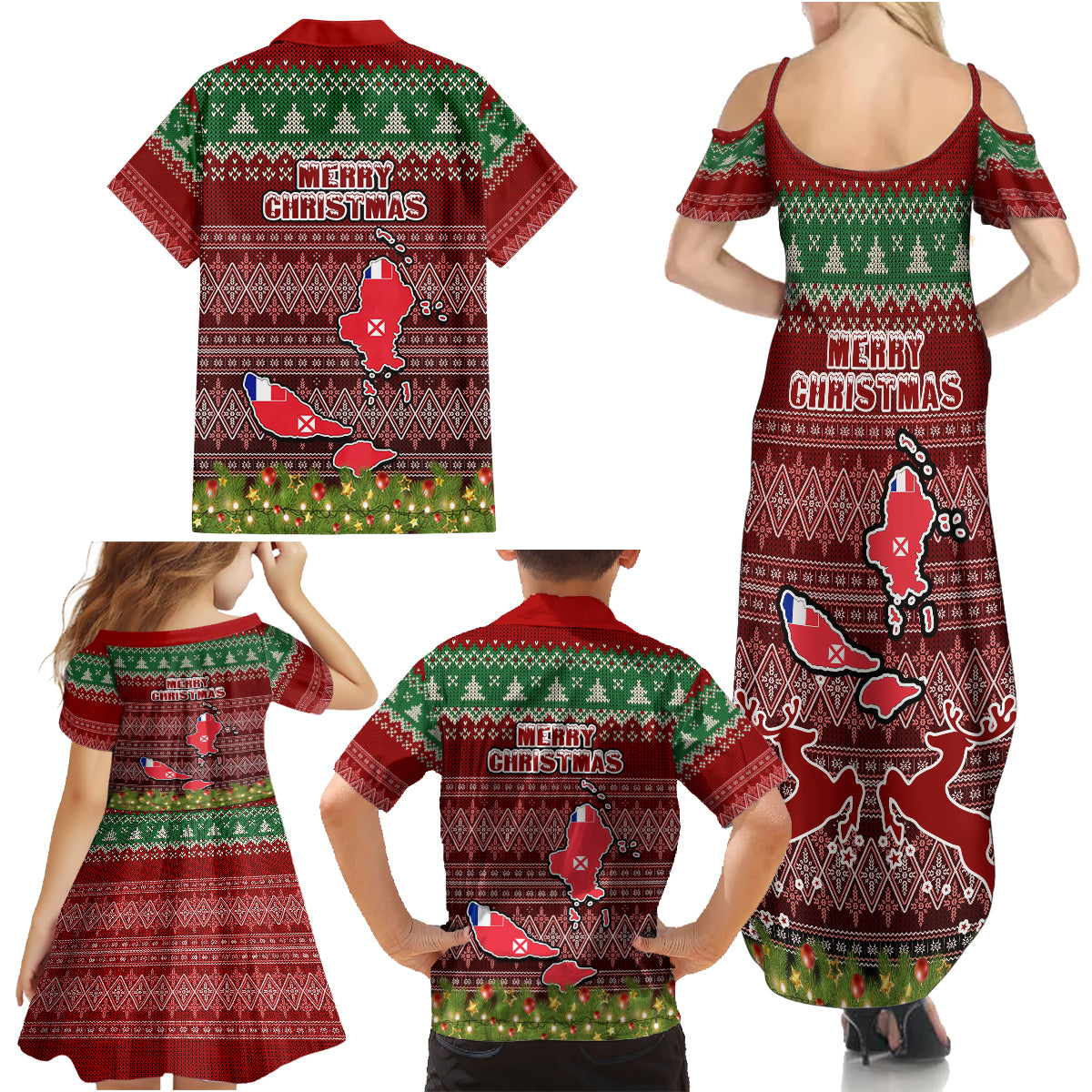 wallis-and-futuna-christmas-family-matching-summer-maxi-dress-and-hawaiian-shirt-coat-of-arms-and-map-beautiful-merry-xmas-snowflake