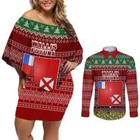 Personalised Wallis and Futuna Christmas Couples Matching Off Shoulder Short Dress and Long Sleeve Button Shirts Coat of Arms and Map Beautiful Merry Xmas Snowflake LT03 Red - Polynesian Pride
