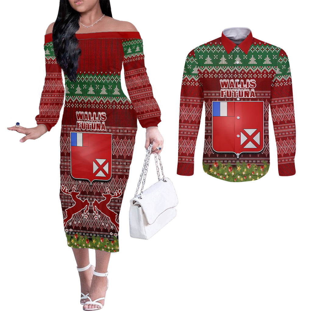 Personalised Wallis and Futuna Christmas Couples Matching Off The Shoulder Long Sleeve Dress and Long Sleeve Button Shirts Coat of Arms and Map Beautiful Merry Xmas Snowflake LT03 Red - Polynesian Pride