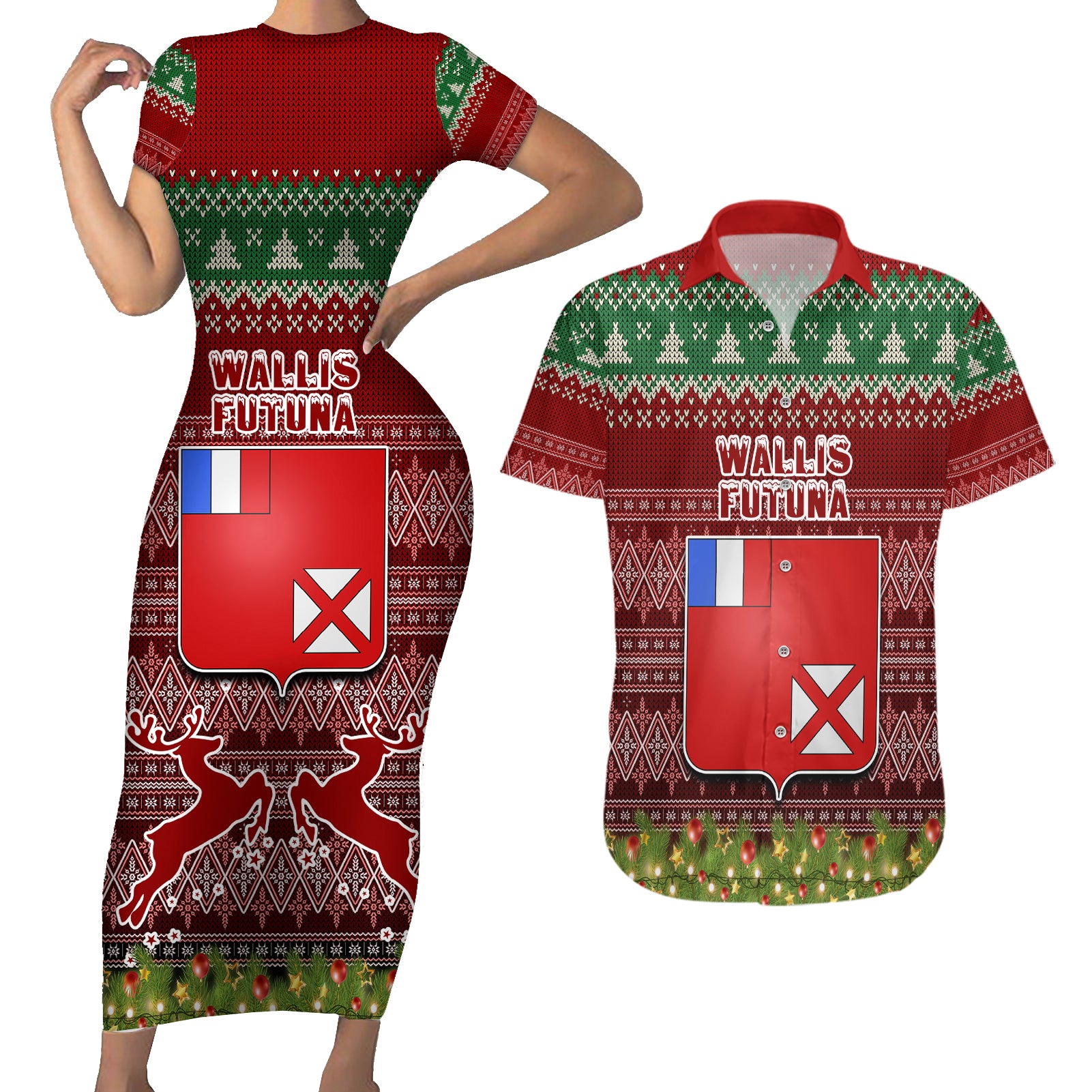 personalised-wallis-and-futuna-christmas-couples-matching-short-sleeve-bodycon-dress-and-hawaiian-shirt-coat-of-arms-and-map-beautiful-merry-xmas-snowflake