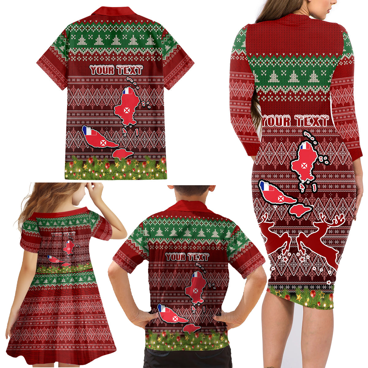 personalised-wallis-and-futuna-christmas-family-matching-long-sleeve-bodycon-dress-and-hawaiian-shirt-coat-of-arms-and-map-beautiful-merry-xmas-snowflake