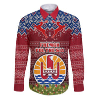 French Polynesia Christmas Family Matching Puletasi Dress and Hawaiian Shirt Coat of Arms and Map Beautiful Merry Xmas Snowflake LT03 Dad's Shirt - Long Sleeve Red - Polynesian Pride