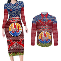 Personalised French Polynesia Christmas Couples Matching Long Sleeve Bodycon Dress and Long Sleeve Button Shirts Coat of Arms and Map Beautiful Merry Xmas Snowflake LT03 Red - Polynesian Pride