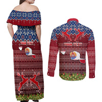 Personalised French Polynesia Christmas Couples Matching Off Shoulder Maxi Dress and Long Sleeve Button Shirts Coat of Arms and Map Beautiful Merry Xmas Snowflake LT03 - Polynesian Pride
