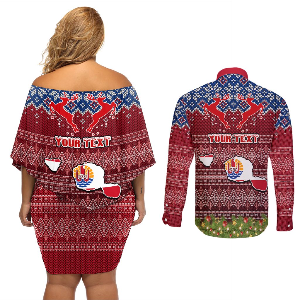 Personalised French Polynesia Christmas Couples Matching Off Shoulder Short Dress and Long Sleeve Button Shirts Coat of Arms and Map Beautiful Merry Xmas Snowflake LT03 - Polynesian Pride