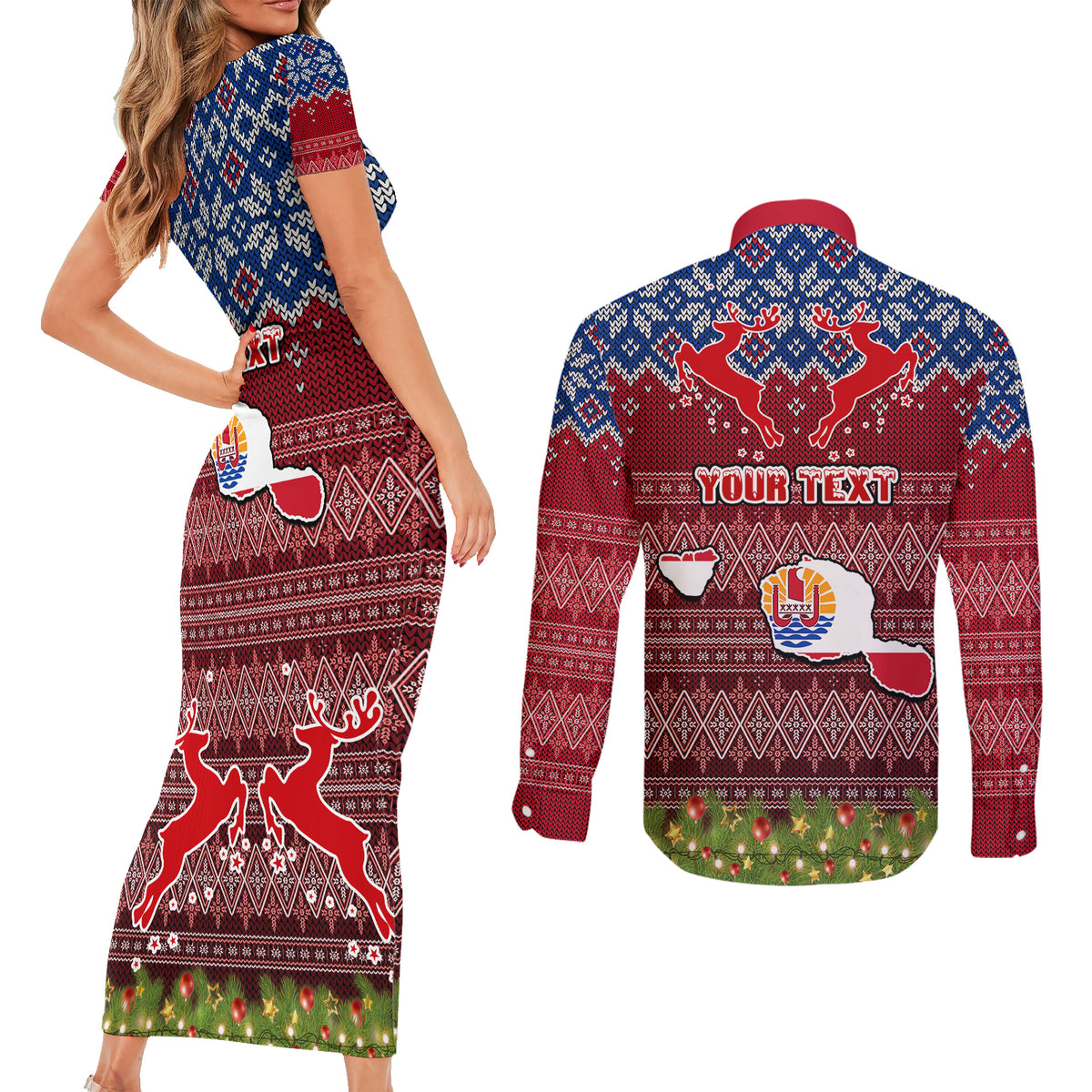 Personalised French Polynesia Christmas Couples Matching Short Sleeve Bodycon Dress and Long Sleeve Button Shirts Coat of Arms and Map Beautiful Merry Xmas Snowflake LT03 - Polynesian Pride