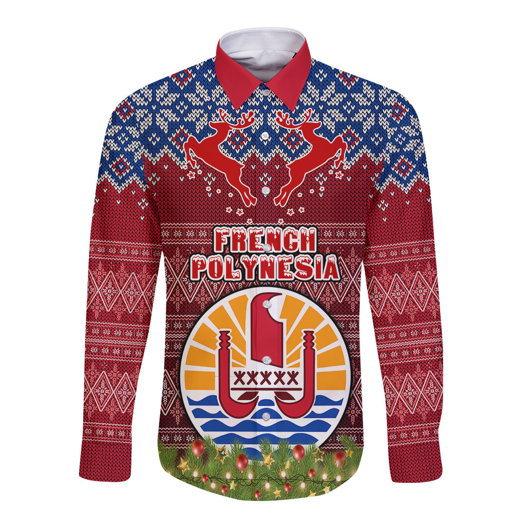 personalised-french-polynesia-christmas-long-sleeve-button-shirt-coat-of-arms-and-map-beautiful-merry-xmas-snowflake