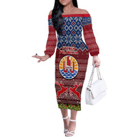 Personalised French Polynesia Christmas Off The Shoulder Long Sleeve Dress Coat of Arms and Map Beautiful Merry Xmas Snowflake LT03 Women Red - Polynesian Pride
