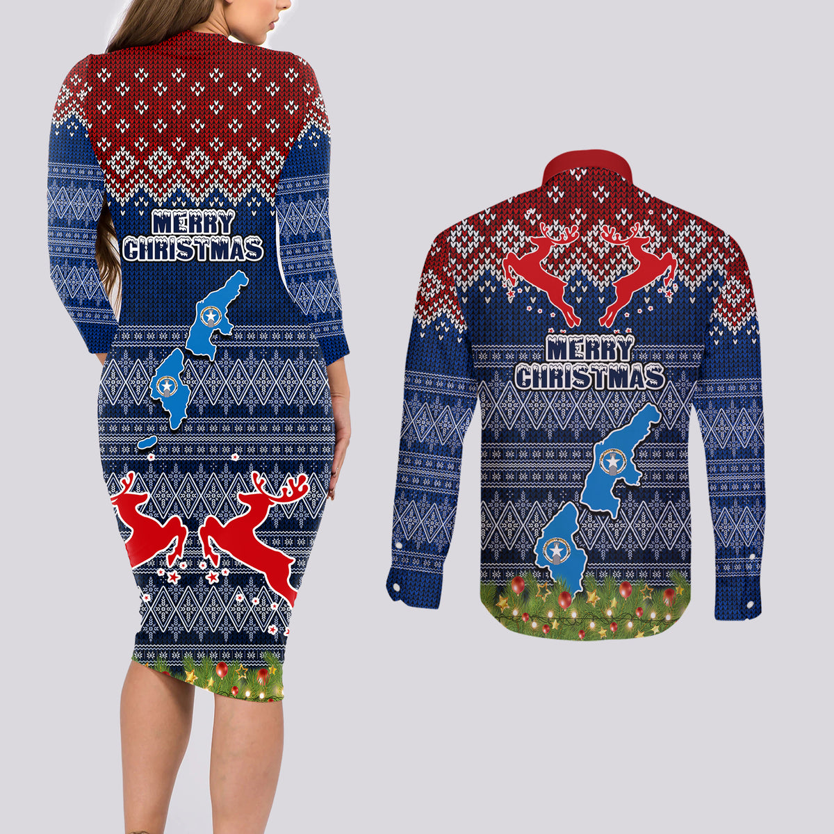 northern-mariana-islands-christmas-couples-matching-long-sleeve-bodycon-dress-and-long-sleeve-button-shirts-coat-of-arms-and-map-beautiful-merry-xmas-snowflake