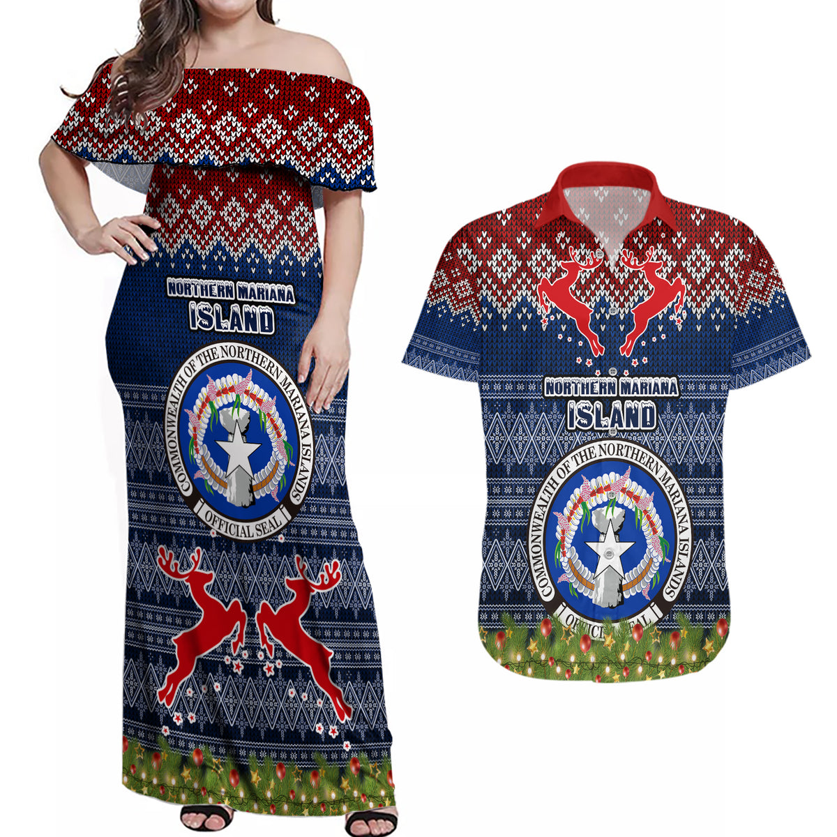 northern-mariana-islands-christmas-couples-matching-off-shoulder-maxi-dress-and-hawaiian-shirt-coat-of-arms-and-map-beautiful-merry-xmas-snowflake