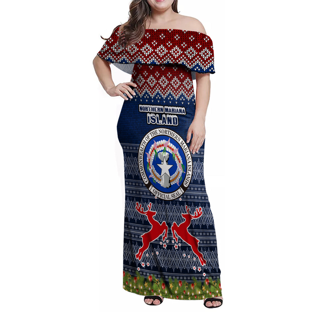 northern-mariana-islands-christmas-family-matching-off-shoulder-maxi-dress-and-hawaiian-shirt-coat-of-arms-and-map-beautiful-merry-xmas-snowflake