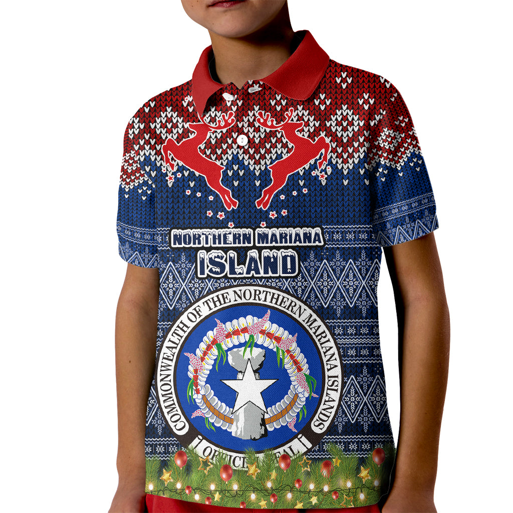 Northern Mariana Islands Christmas Kid Polo Shirt Coat of Arms and Map Beautiful Merry Xmas Snowflake LT03 Kid Blue - Polynesian Pride